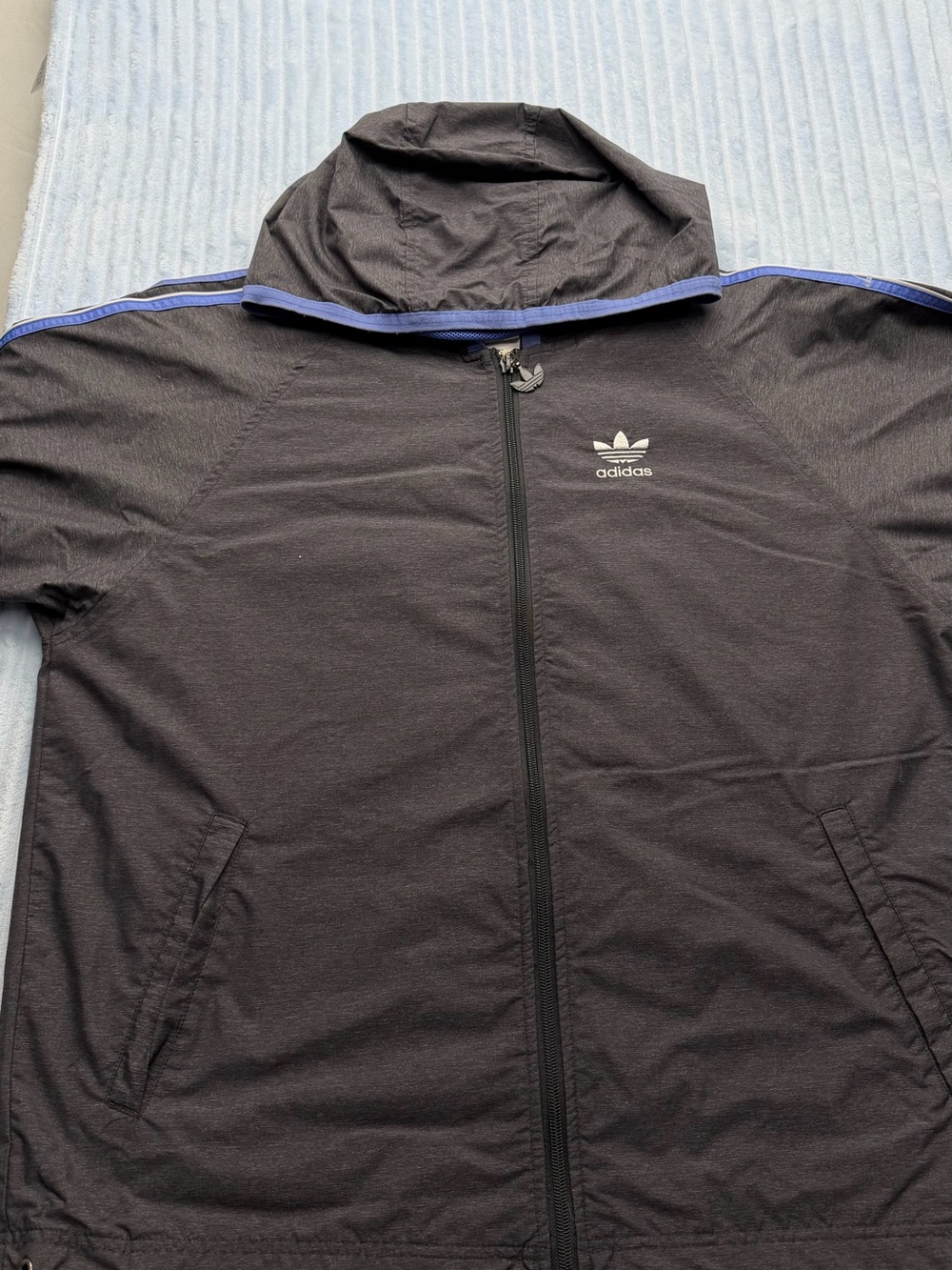 adidas Black Hooded Windbreaker with Blue Shoulder Piping
